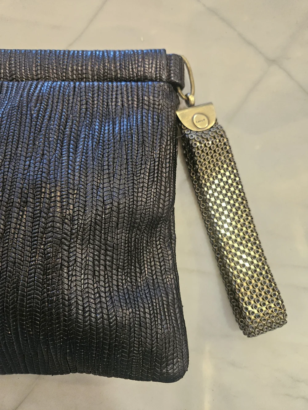 Laura B Handmade Metal Mesh Wristlet Clutch Evening Bag Black Gold Art Deco